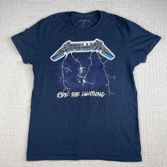 Metallica Ride the Lightning Band T-Shirt Men’s M Blue Rock Heavy Metal Tee Read - Picture 1 of 15